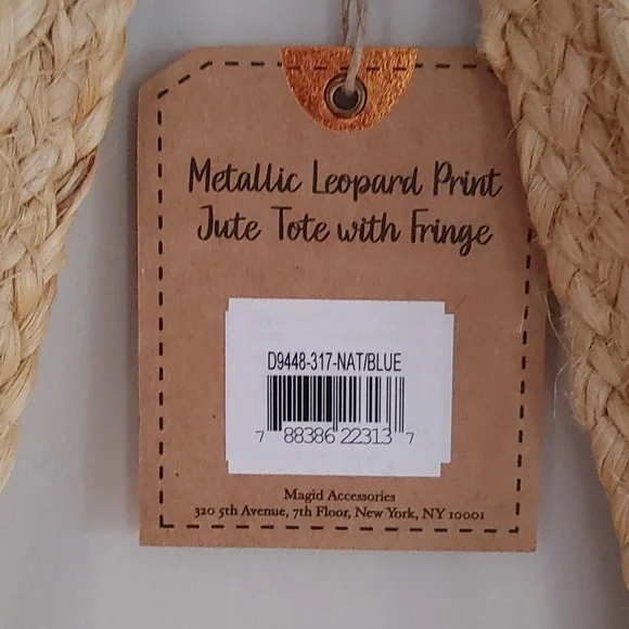 NWT Magid Large Metallic Leopard Print Jute Tote with Fringe and Tassels - Picture 3 of 9